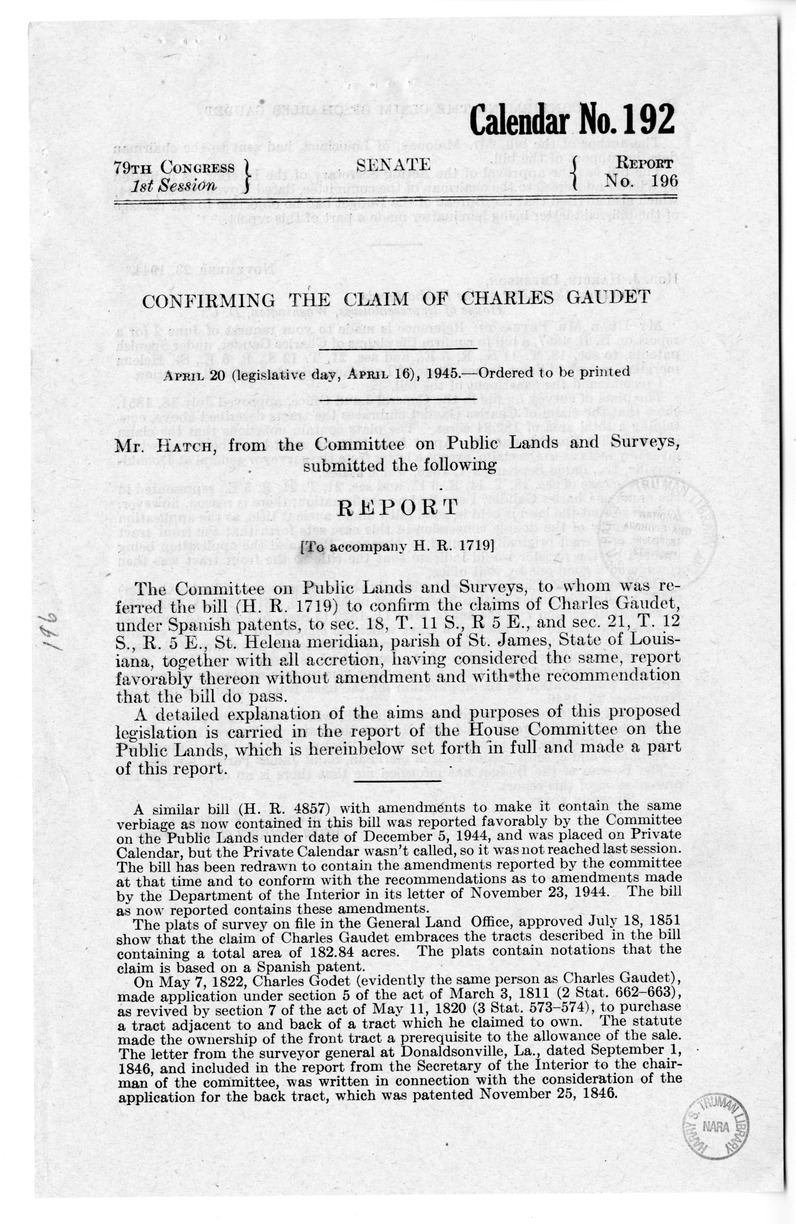 Memorandum from Frederick J. Bailey to M. C. Latta, H.R. 1719, To Confirm the Claim of Charles Gaudet, with Attachments