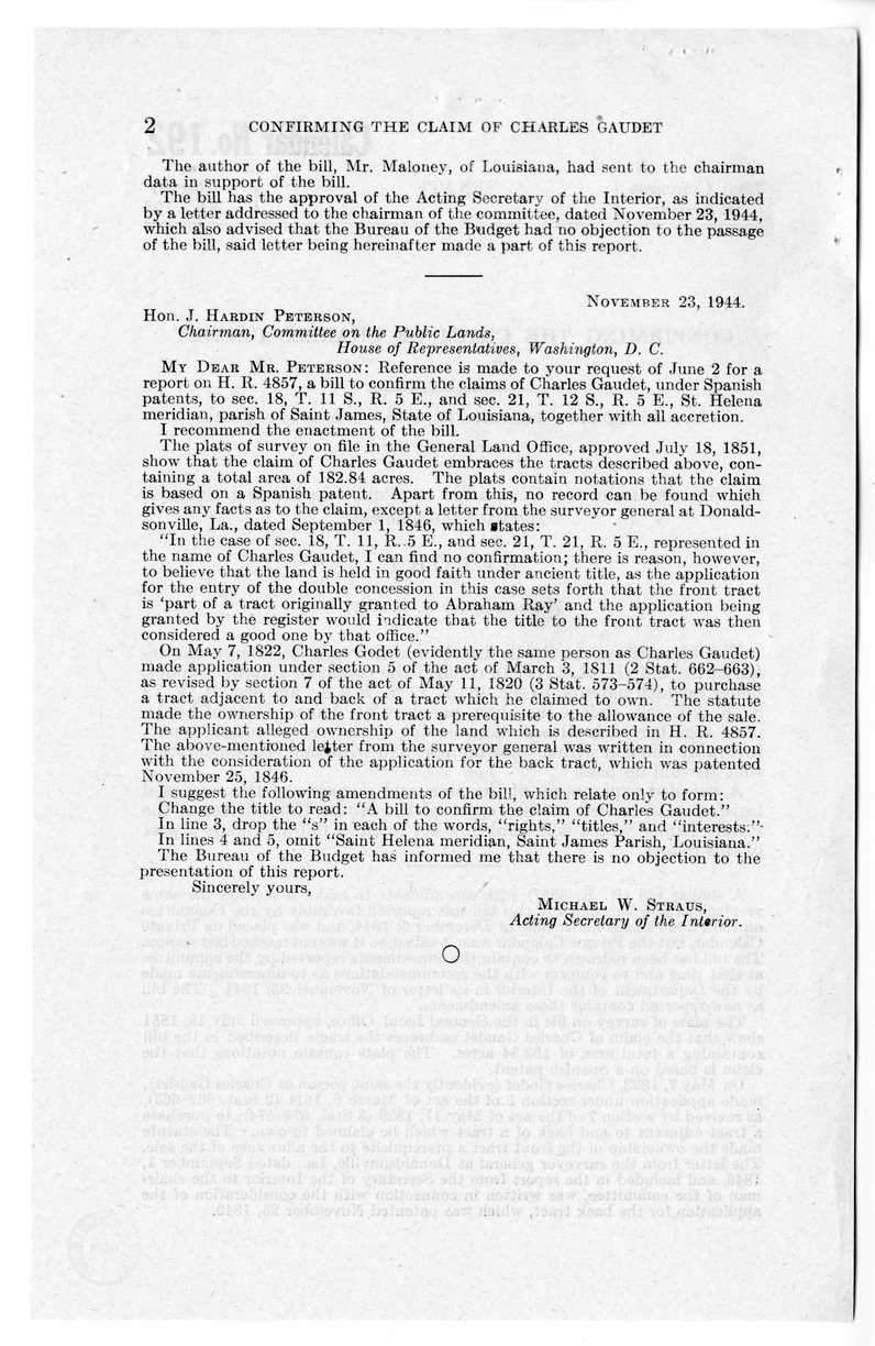 Memorandum from Frederick J. Bailey to M. C. Latta, H.R. 1719, To Confirm the Claim of Charles Gaudet, with Attachments