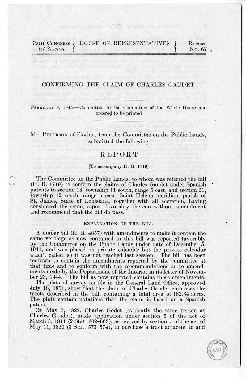 Memorandum from Frederick J. Bailey to M. C. Latta, H.R. 1719, To Confirm the Claim of Charles Gaudet, with Attachments