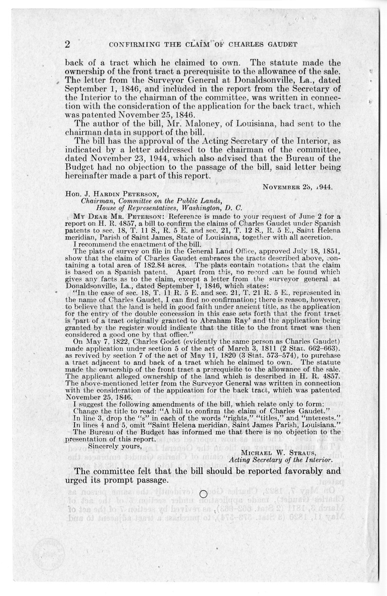 Memorandum from Frederick J. Bailey to M. C. Latta, H.R. 1719, To Confirm the Claim of Charles Gaudet, with Attachments