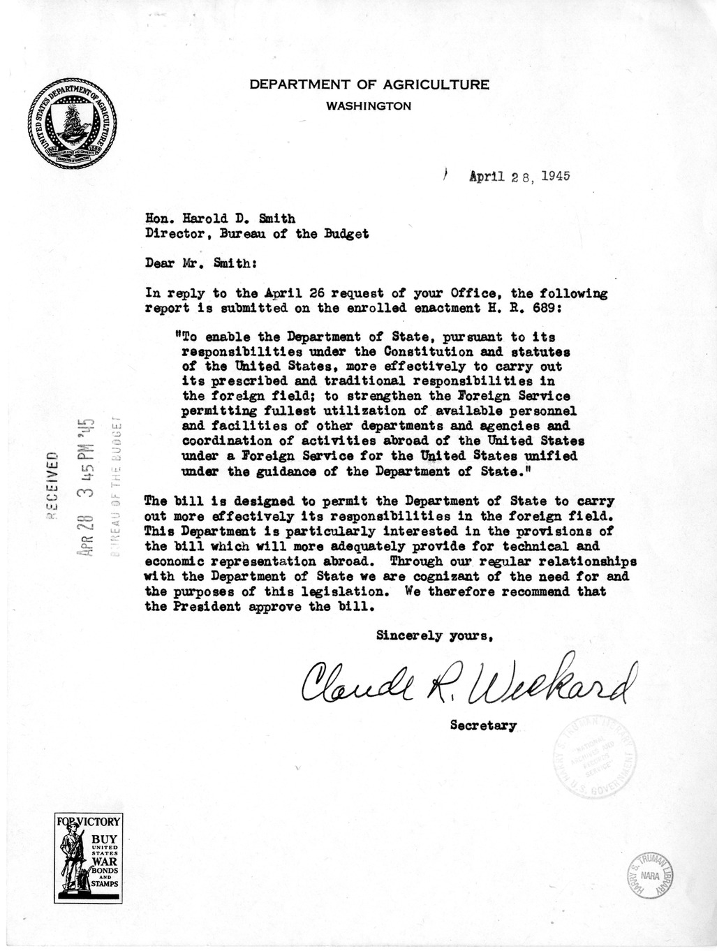 Memorandum from Harold D. Smith to M. C. Latta, H.R. 689, Regarding the Department of State and the Foreign Service, with Attachments