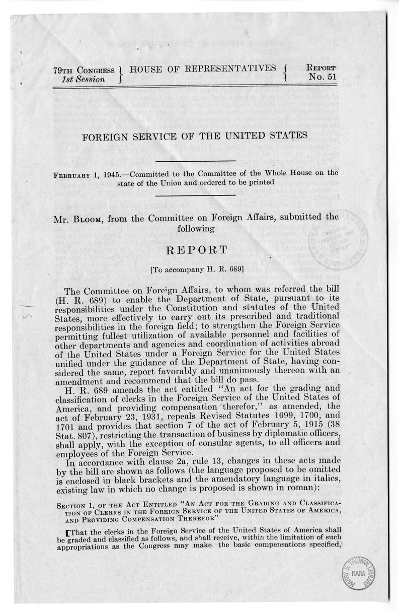 Memorandum from Harold D. Smith to M. C. Latta, H.R. 689, Regarding the Department of State and the Foreign Service, with Attachments