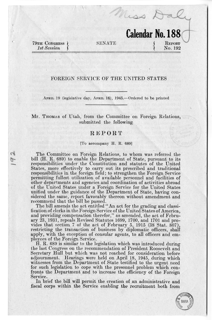 Memorandum from Harold D. Smith to M. C. Latta, H.R. 689, Regarding the Department of State and the Foreign Service, with Attachments