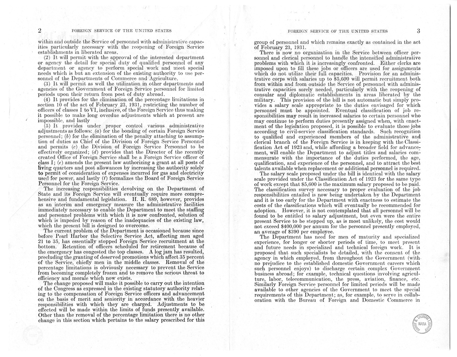 Memorandum from Harold D. Smith to M. C. Latta, H.R. 689, Regarding the Department of State and the Foreign Service, with Attachments