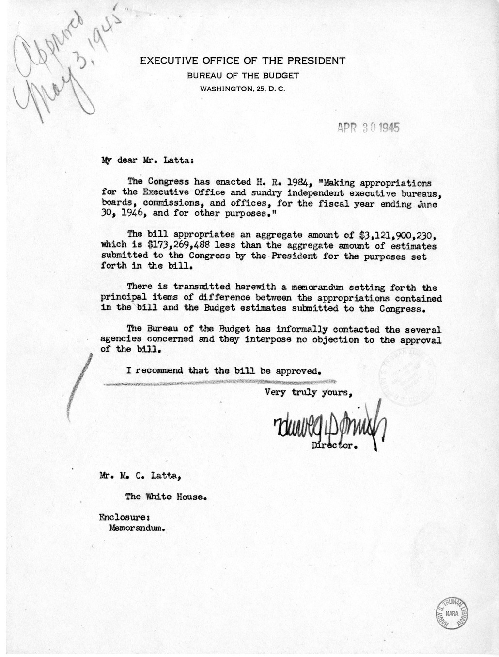 Memorandum from Harold D. Smith to M. C. Latta, H. R. 1984, Appropriations for the Executive Office and Independence Executive Agencies, with Attachments