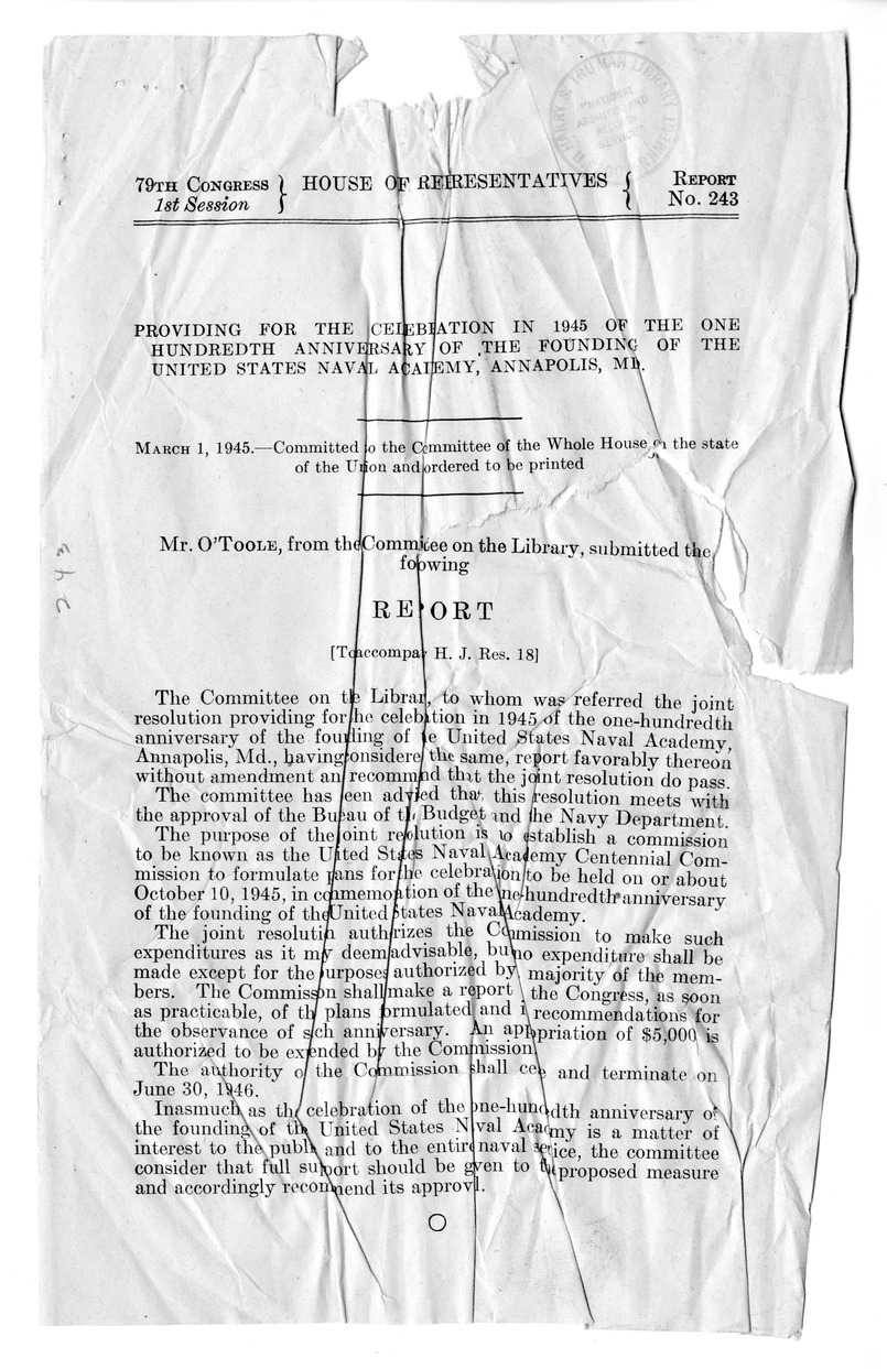 Memorandum from Harold D. Smith to M. C. Latta, H. J. Res. 18, Celebrating the One Hundredth Anniversary of the Founding of the United States Naval Academy, with Attachments