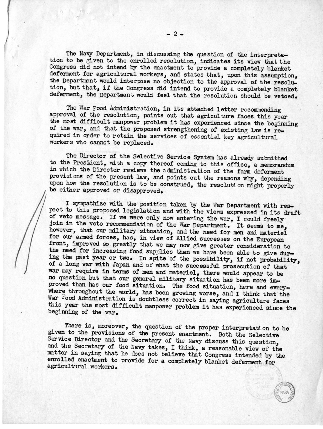 Memorandum from Harold D. Smith to M. C. Latta, H.R. 106, To Amend a Section of the Selective Training and Service Act of 1940, with Attachments