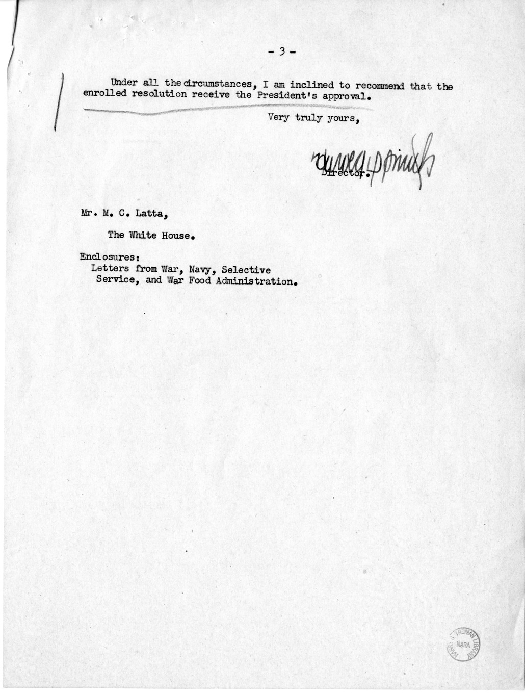 Memorandum from Harold D. Smith to M. C. Latta, H.R. 106, To Amend a Section of the Selective Training and Service Act of 1940, with Attachments