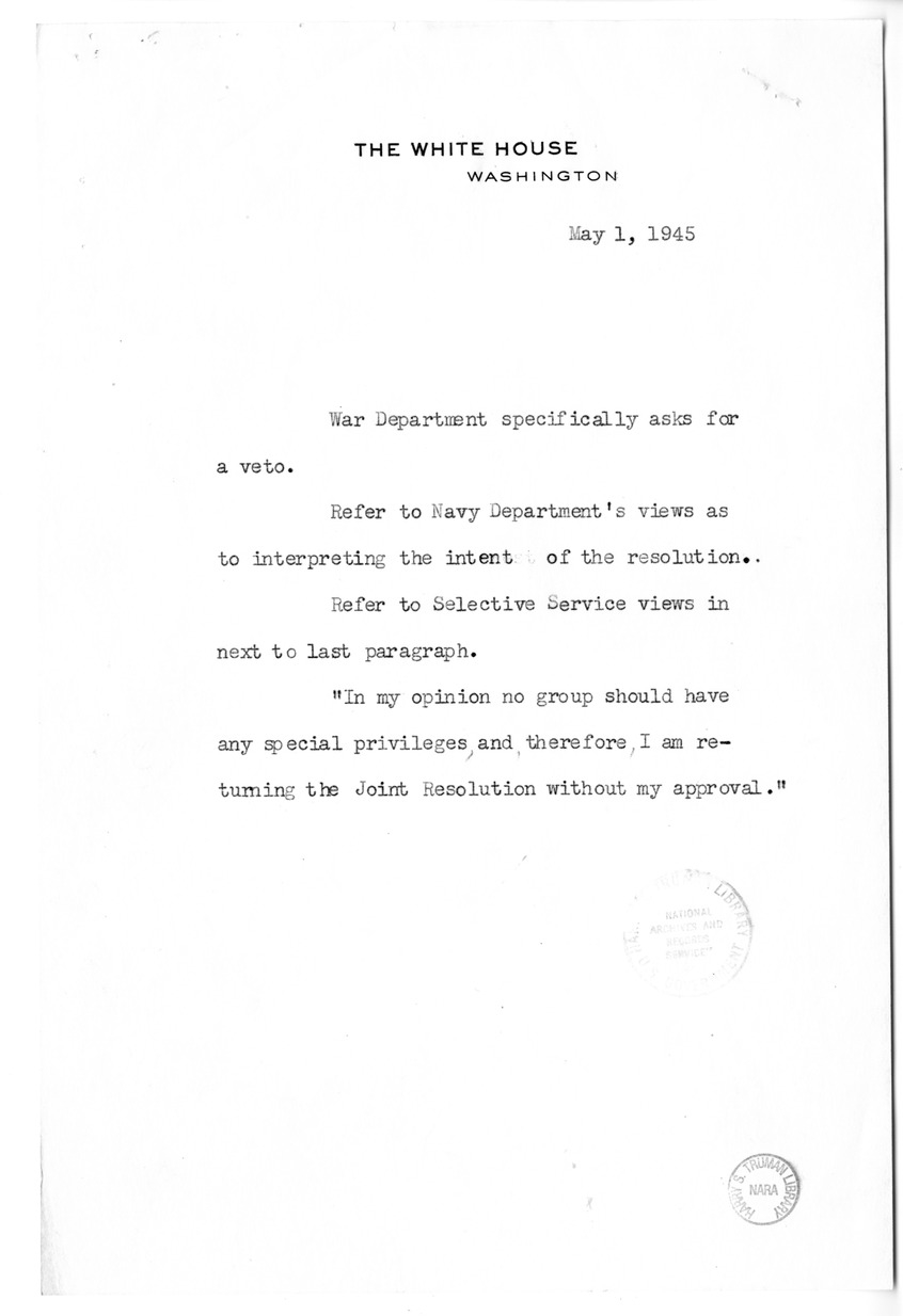 Memorandum from Harold D. Smith to M. C. Latta, H.R. 106, To Amend a Section of the Selective Training and Service Act of 1940, with Attachments