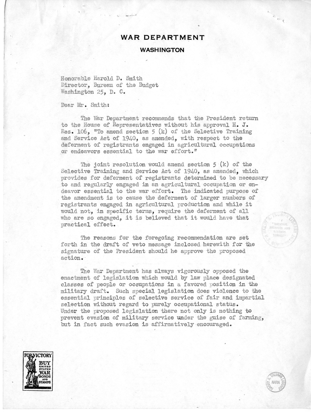 Memorandum from Harold D. Smith to M. C. Latta, H.R. 106, To Amend a Section of the Selective Training and Service Act of 1940, with Attachments