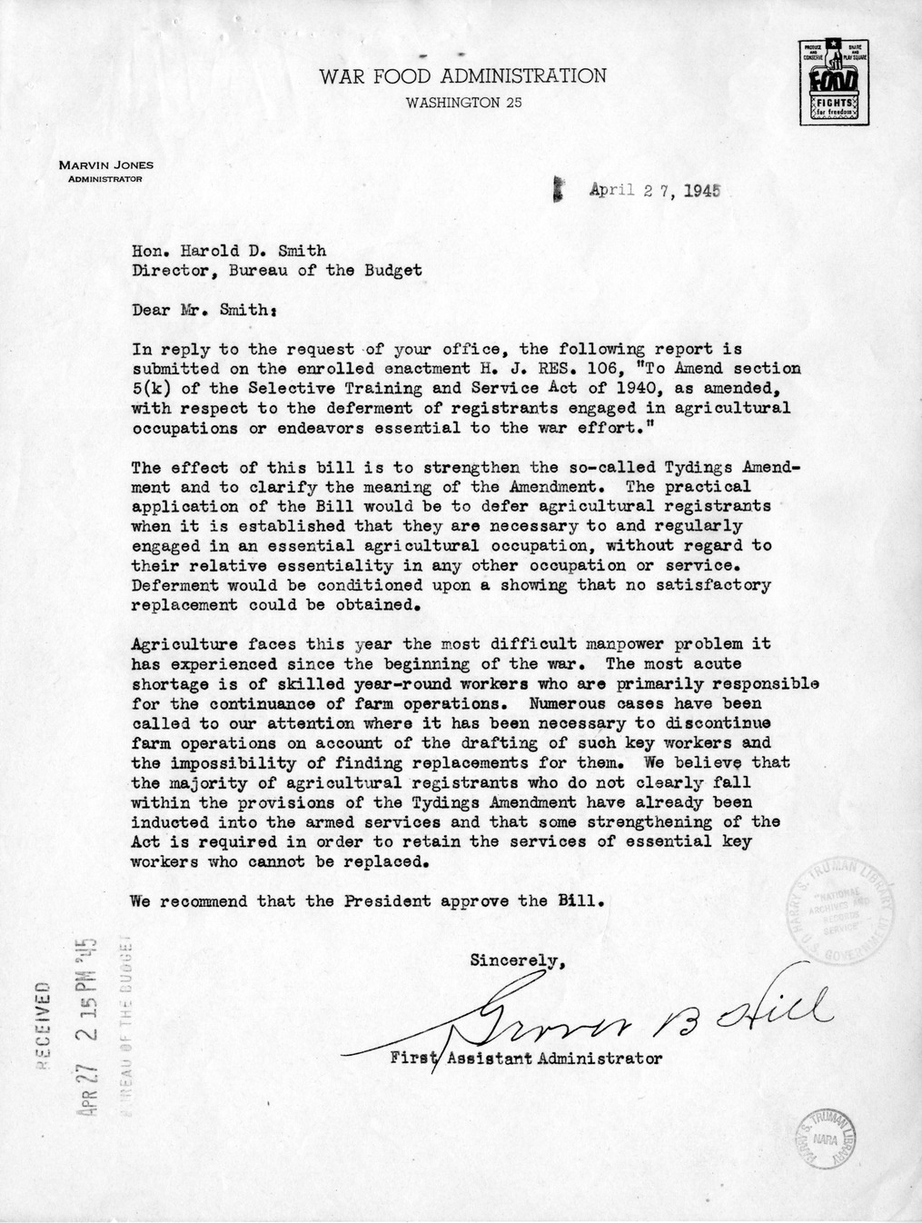 Memorandum from Harold D. Smith to M. C. Latta, H.R. 106, To Amend a Section of the Selective Training and Service Act of 1940, with Attachments