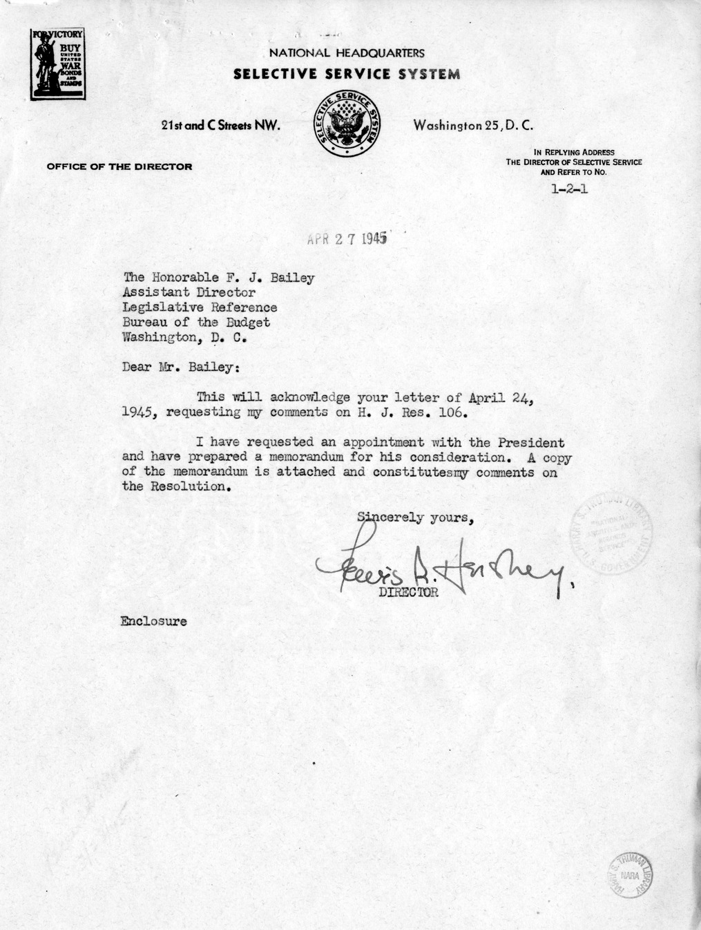 Memorandum from Harold D. Smith to M. C. Latta, H.R. 106, To Amend a Section of the Selective Training and Service Act of 1940, with Attachments