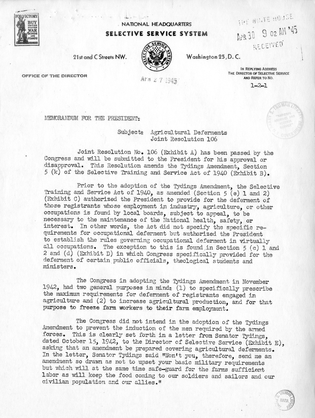 Memorandum from Harold D. Smith to M. C. Latta, H.R. 106, To Amend a Section of the Selective Training and Service Act of 1940, with Attachments