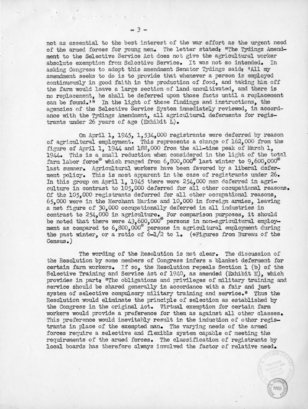 Memorandum from Harold D. Smith to M. C. Latta, H.R. 106, To Amend a Section of the Selective Training and Service Act of 1940, with Attachments