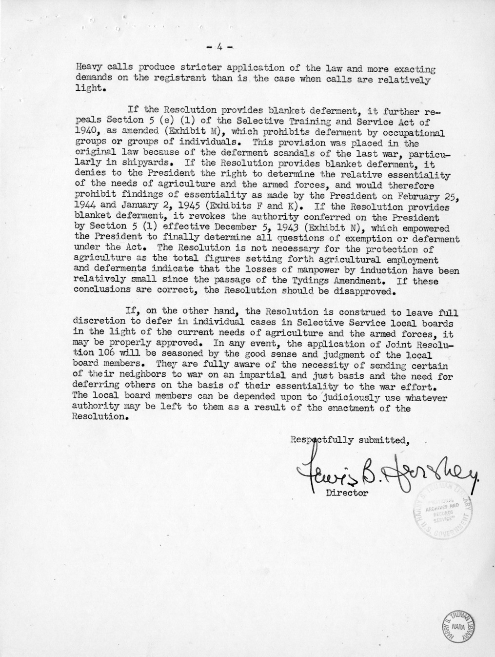 Memorandum from Harold D. Smith to M. C. Latta, H.R. 106, To Amend a Section of the Selective Training and Service Act of 1940, with Attachments