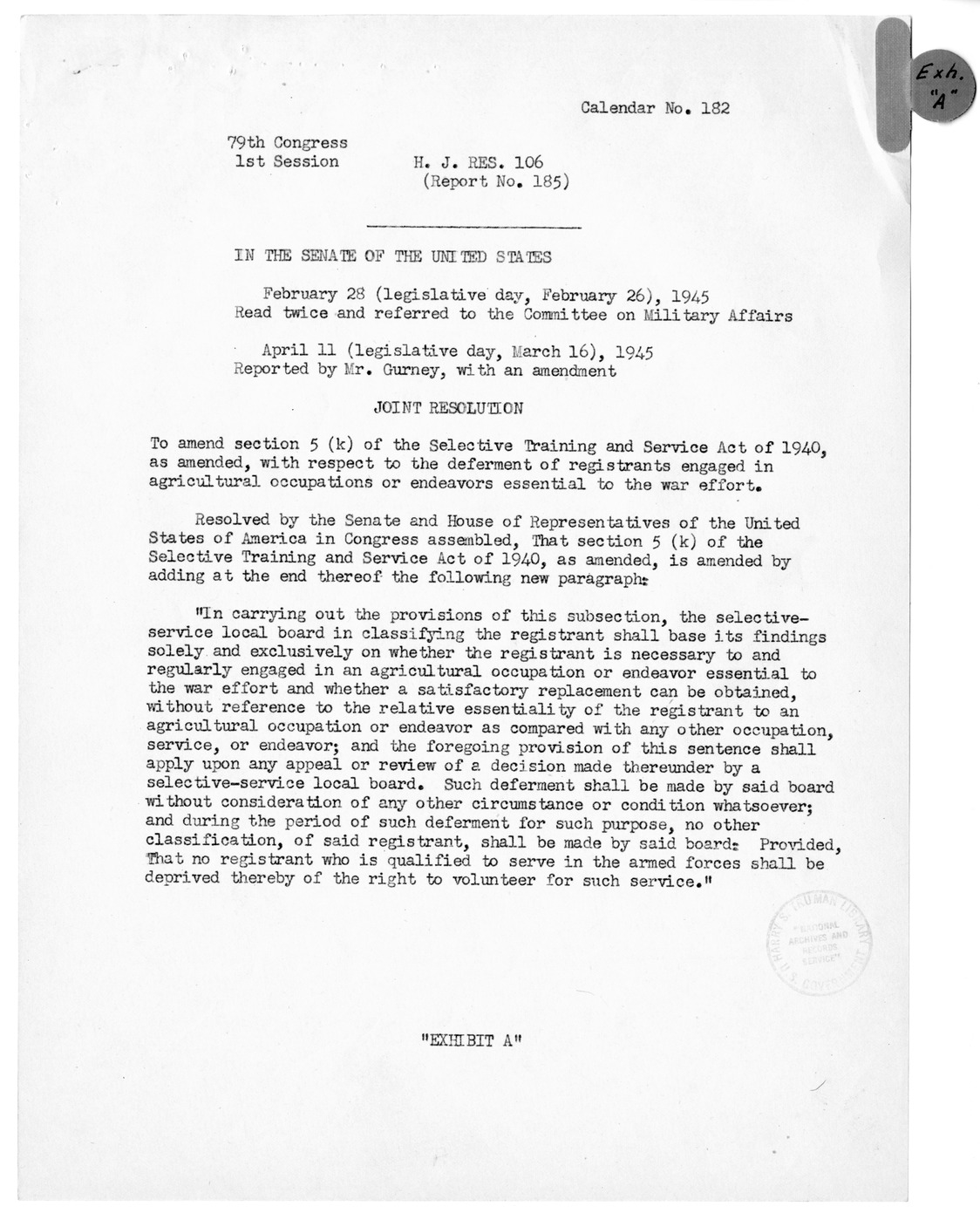 Memorandum from Harold D. Smith to M. C. Latta, H.R. 106, To Amend a Section of the Selective Training and Service Act of 1940, with Attachments