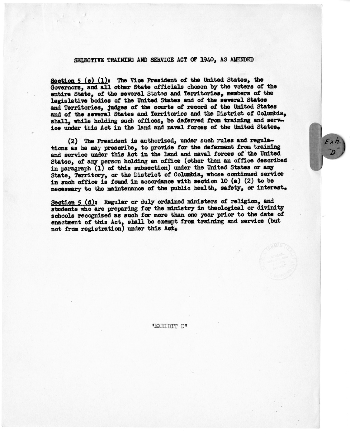 Memorandum from Harold D. Smith to M. C. Latta, H.R. 106, To Amend a Section of the Selective Training and Service Act of 1940, with Attachments