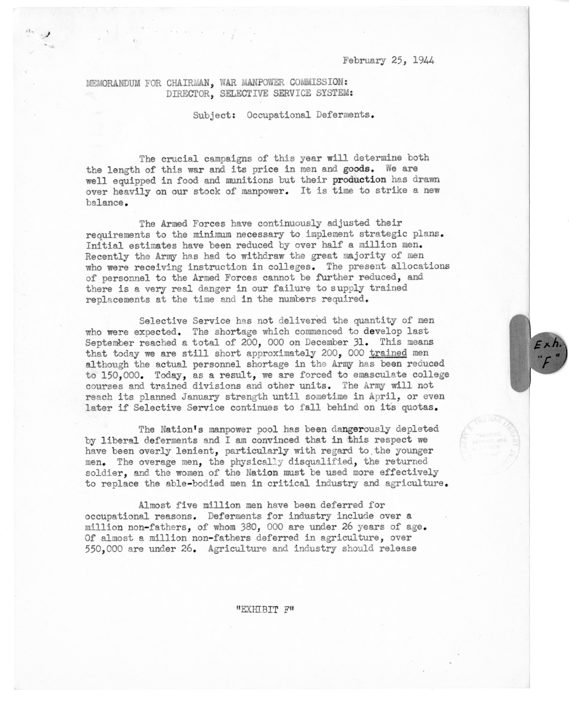 Memorandum from Harold D. Smith to M. C. Latta, H.R. 106, To Amend a Section of the Selective Training and Service Act of 1940, with Attachments