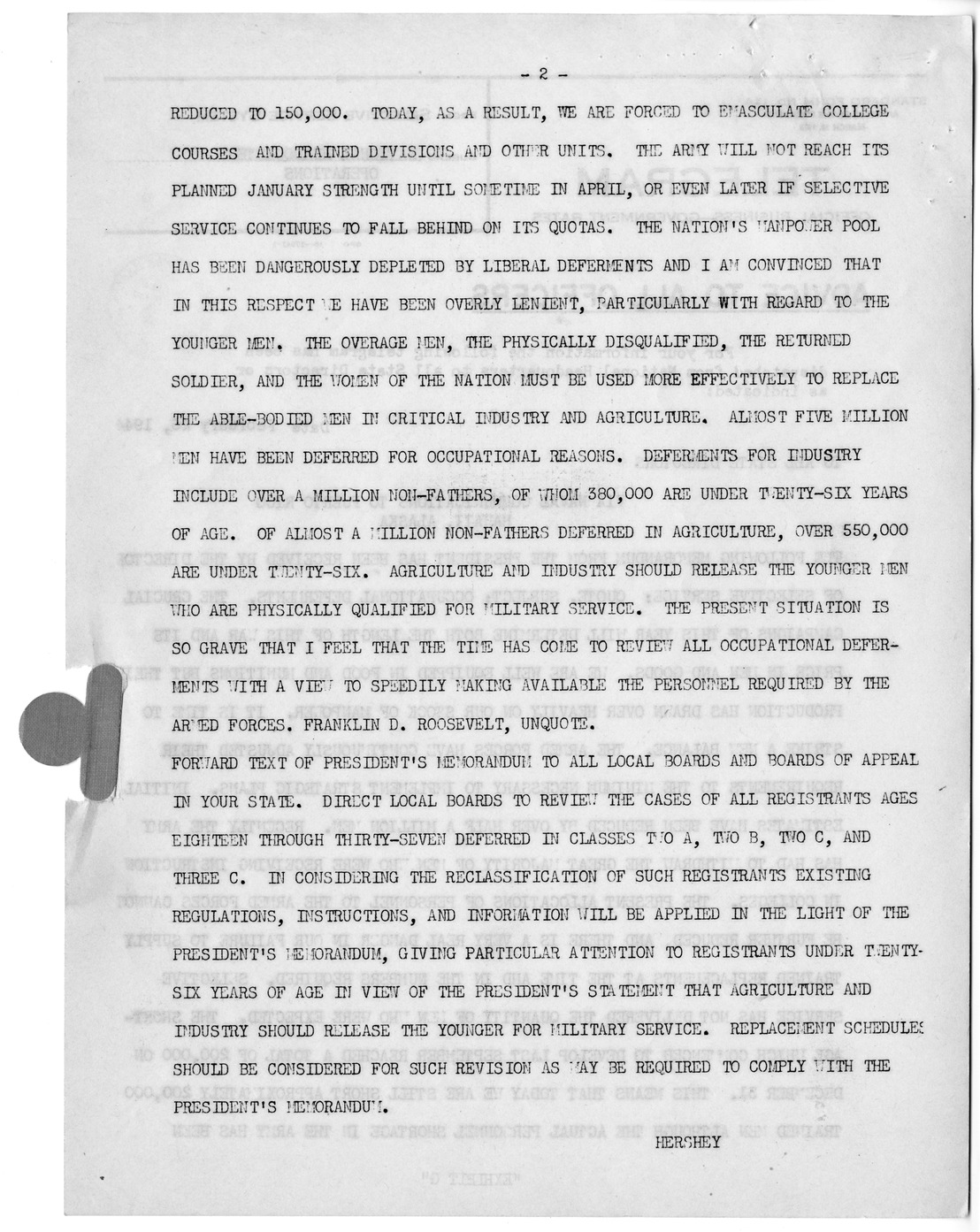 Memorandum from Harold D. Smith to M. C. Latta, H.R. 106, To Amend a Section of the Selective Training and Service Act of 1940, with Attachments