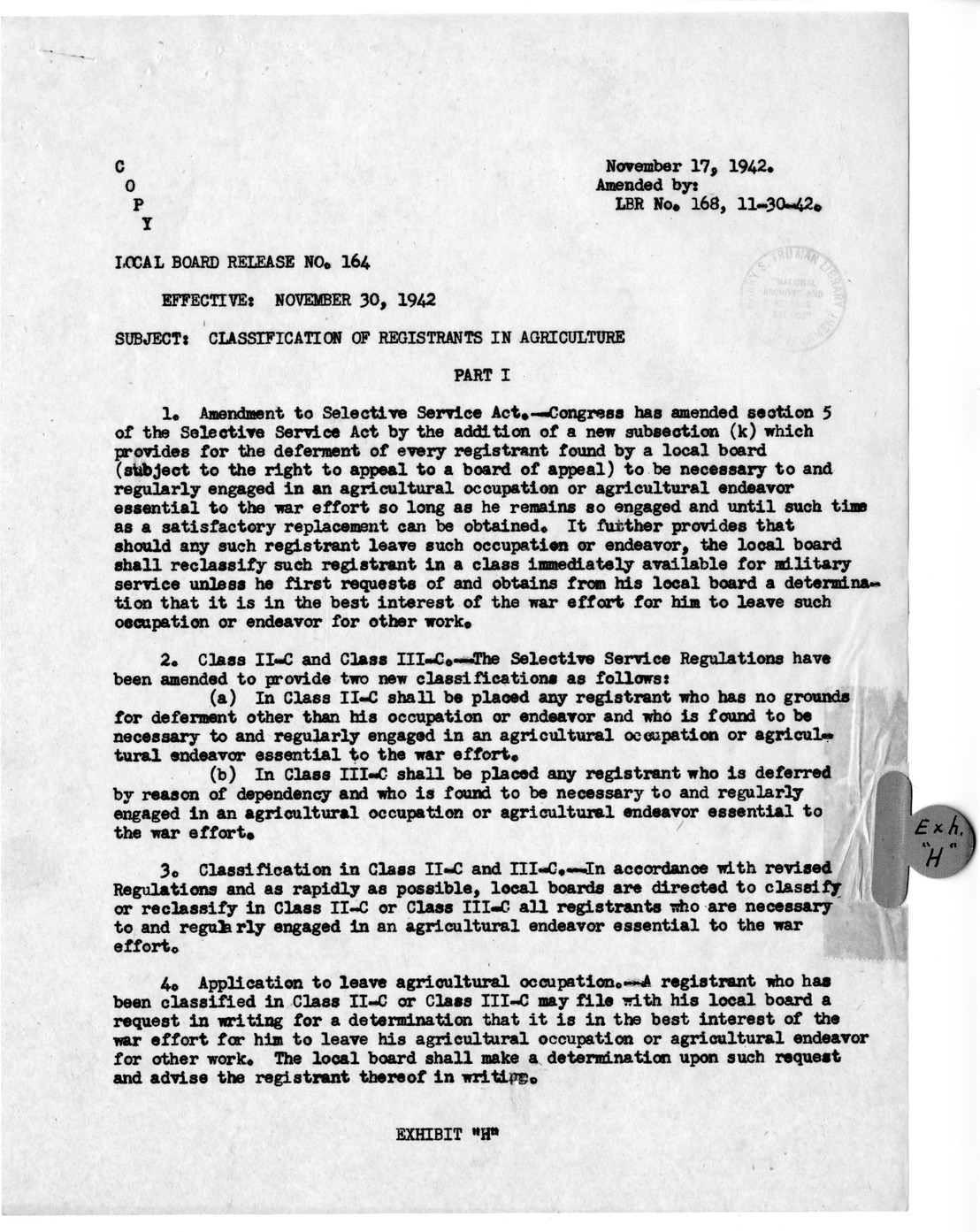 Memorandum from Harold D. Smith to M. C. Latta, H.R. 106, To Amend a Section of the Selective Training and Service Act of 1940, with Attachments