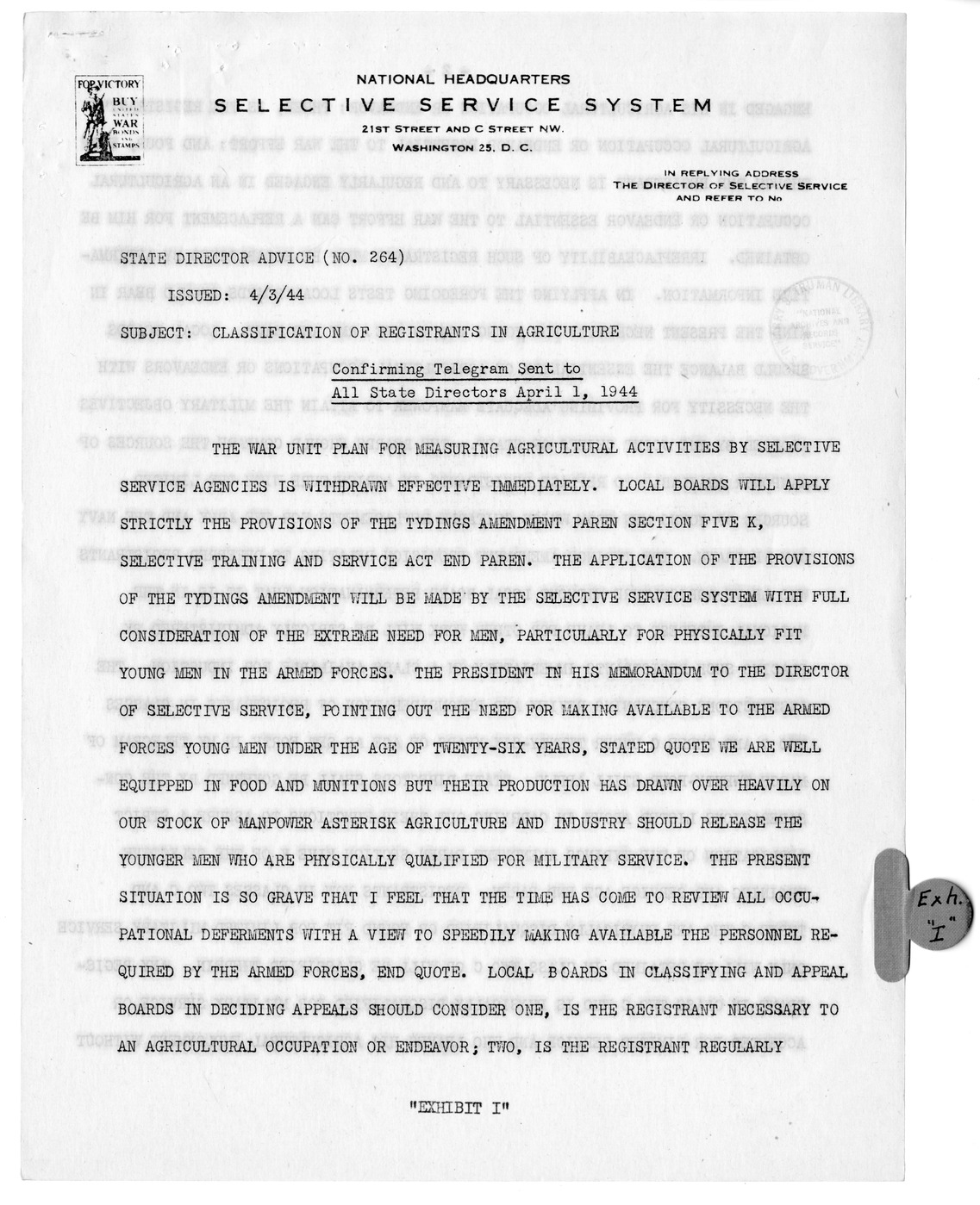 Memorandum from Harold D. Smith to M. C. Latta, H.R. 106, To Amend a Section of the Selective Training and Service Act of 1940, with Attachments