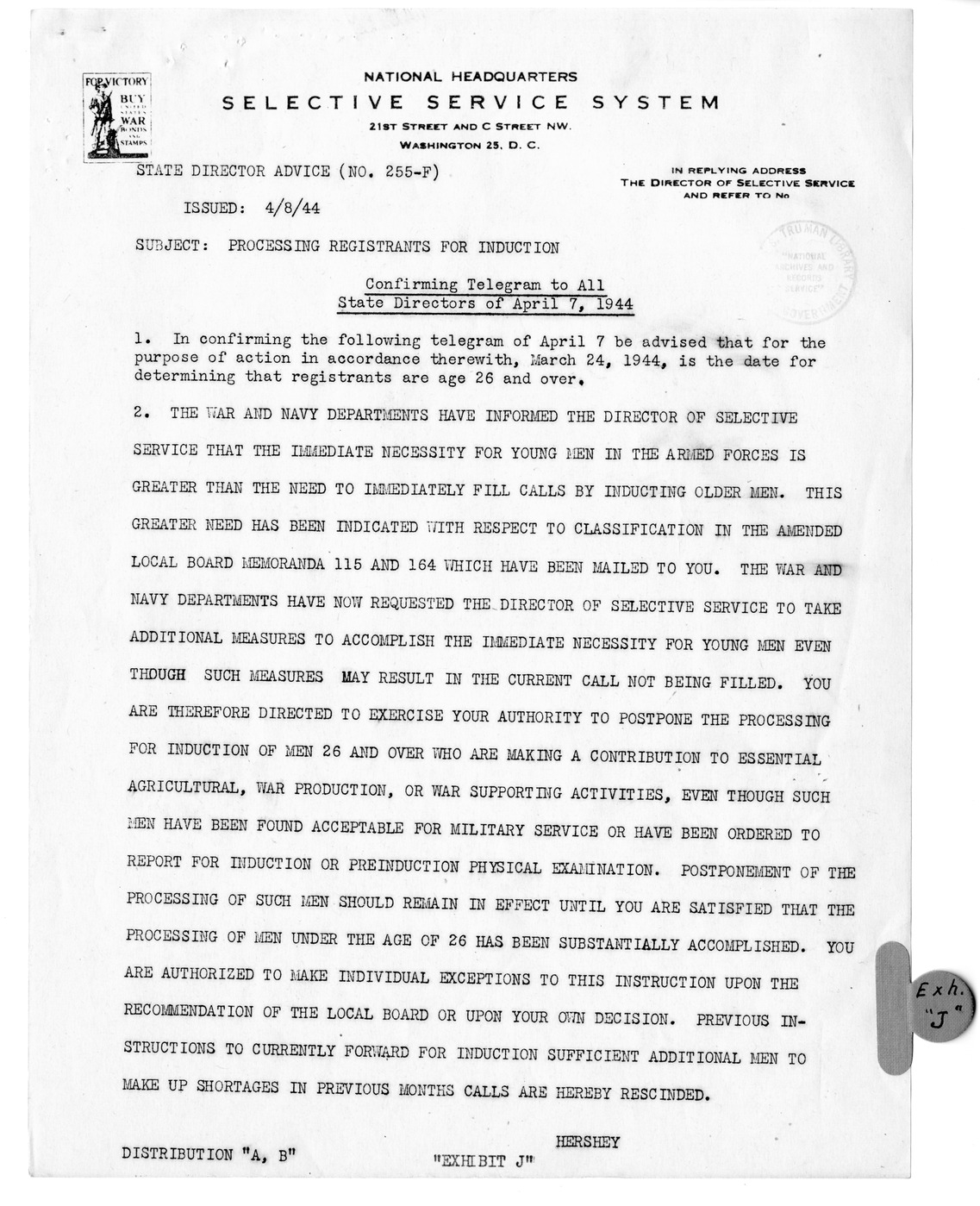 Memorandum from Harold D. Smith to M. C. Latta, H.R. 106, To Amend a Section of the Selective Training and Service Act of 1940, with Attachments