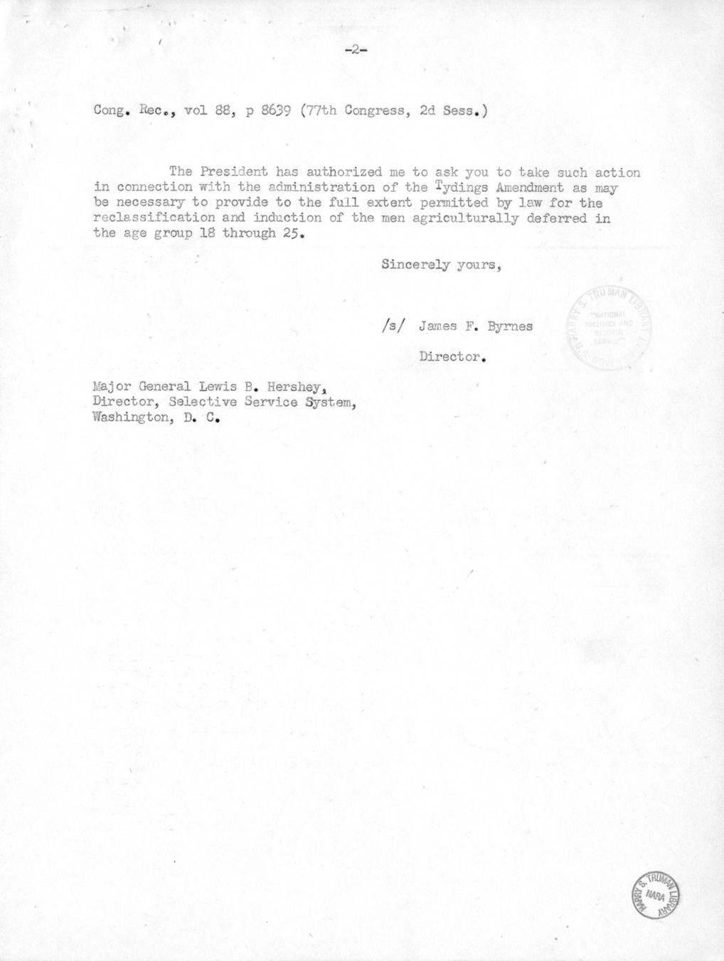 Memorandum from Harold D. Smith to M. C. Latta, H.R. 106, To Amend a Section of the Selective Training and Service Act of 1940, with Attachments