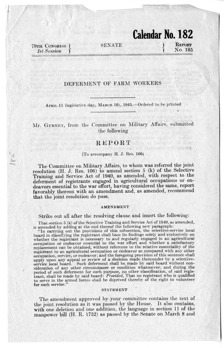 Memorandum from Harold D. Smith to M. C. Latta, H.R. 106, To Amend a Section of the Selective Training and Service Act of 1940, with Attachments