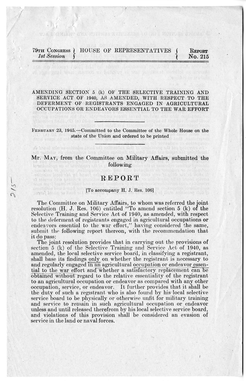 Memorandum from Harold D. Smith to M. C. Latta, H.R. 106, To Amend a Section of the Selective Training and Service Act of 1940, with Attachments