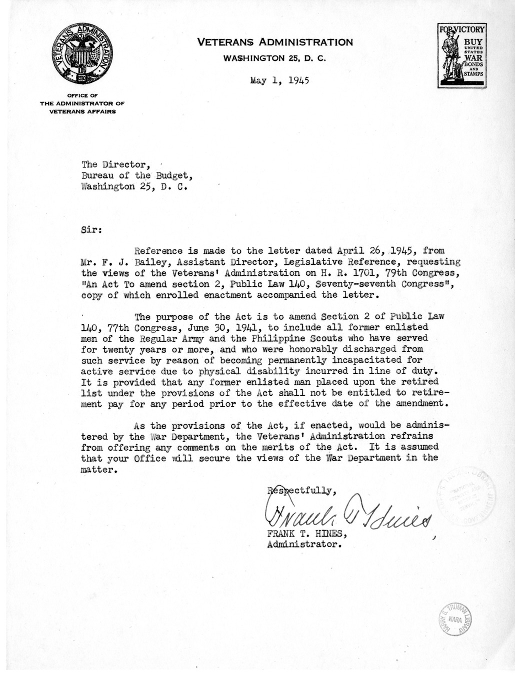 Memorandum from Harold D. Smith to M. C. Latta, H.R. 1701, To Amend Section 2, Public Law 140, Seventy-Seventh Congress, with Attachments