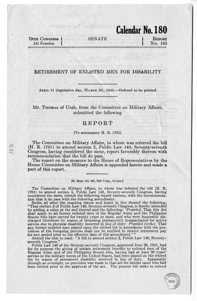 Memorandum from Harold D. Smith to M. C. Latta, H.R. 1701, To Amend Section 2, Public Law 140, Seventy-Seventh Congress, with Attachments