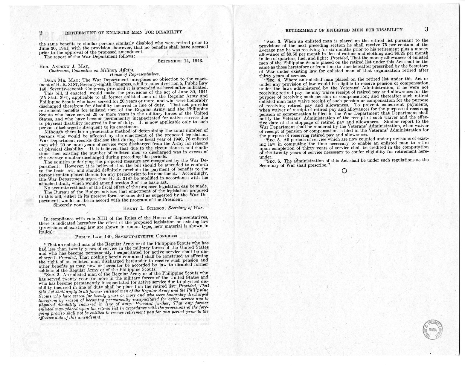 Memorandum from Harold D. Smith to M. C. Latta, H.R. 1701, To Amend Section 2, Public Law 140, Seventy-Seventh Congress, with Attachments