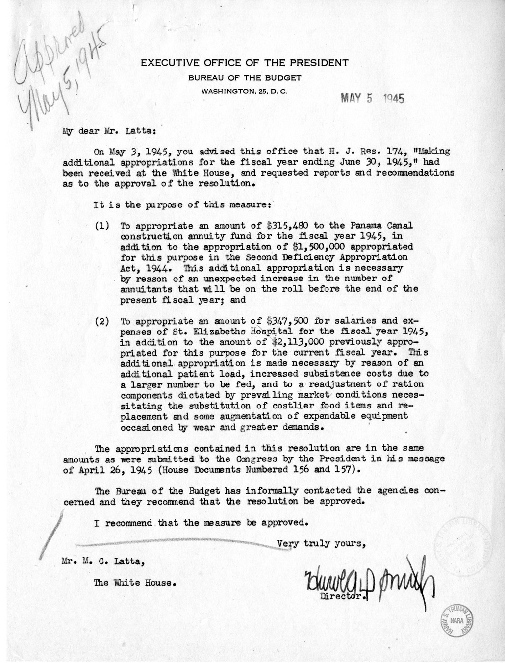 Memorandum from Harold D. Smith to M. C. Latta, H.J. Res. 174, Making Additional Appropriations for the Fiscal Year Ending June 30, 1945, with Attachments