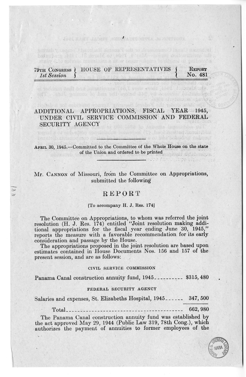 Memorandum from Harold D. Smith to M. C. Latta, H.J. Res. 174, Making Additional Appropriations for the Fiscal Year Ending June 30, 1945, with Attachments