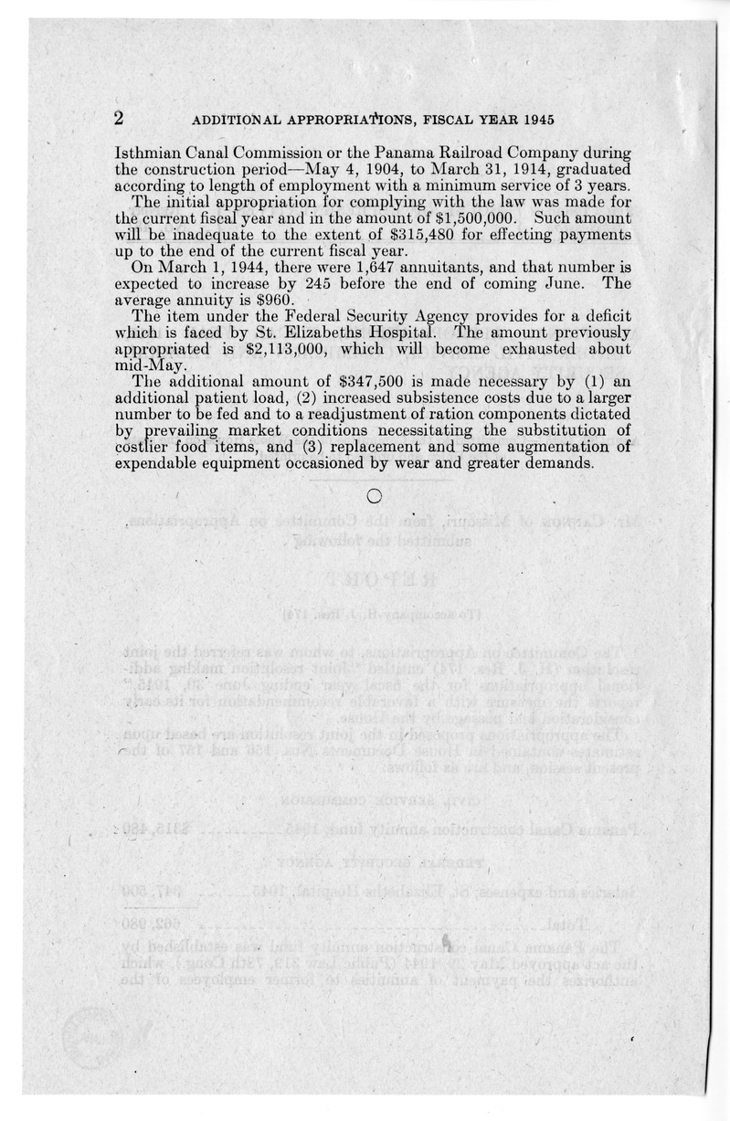 Memorandum from Harold D. Smith to M. C. Latta, H.J. Res. 174, Making Additional Appropriations for the Fiscal Year Ending June 30, 1945, with Attachments