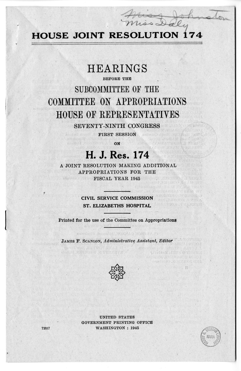 Memorandum from Harold D. Smith to M. C. Latta, H.J. Res. 174, Making Additional Appropriations for the Fiscal Year Ending June 30, 1945, with Attachments