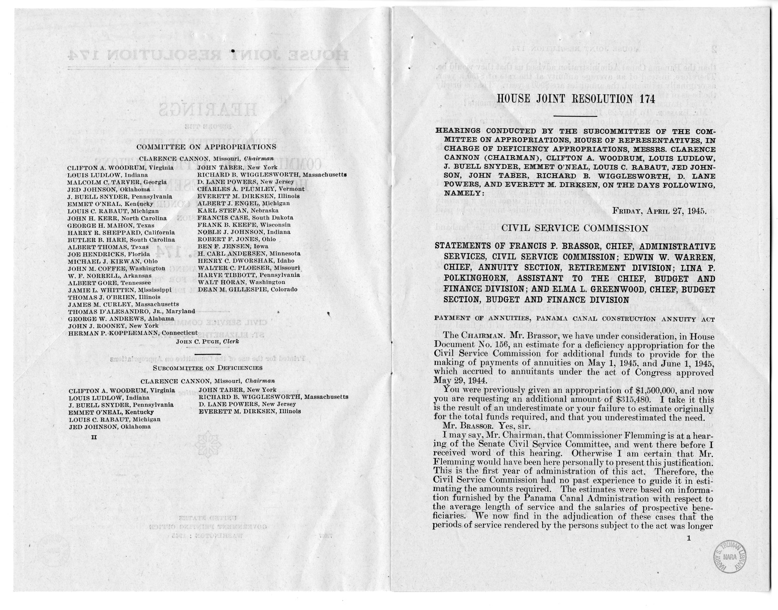 Memorandum from Harold D. Smith to M. C. Latta, H.J. Res. 174, Making Additional Appropriations for the Fiscal Year Ending June 30, 1945, with Attachments