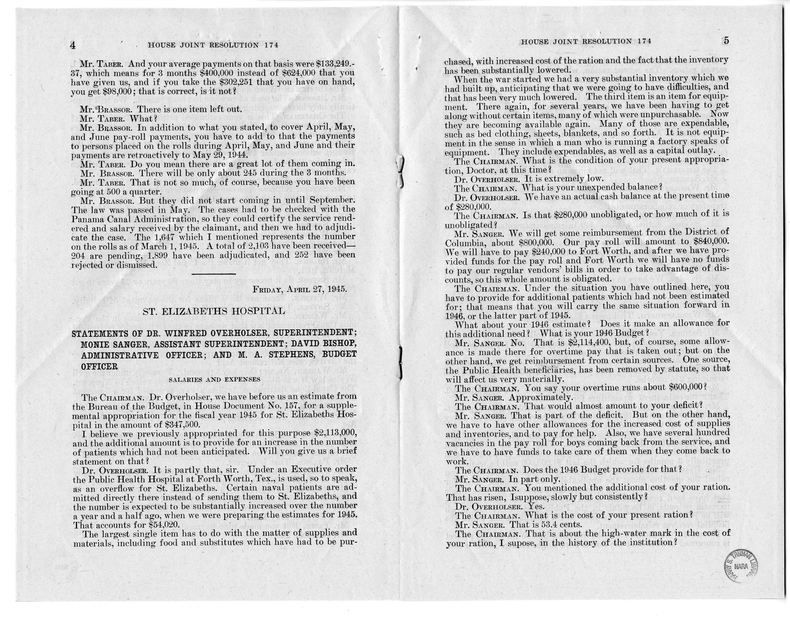 Memorandum from Harold D. Smith to M. C. Latta, H.J. Res. 174, Making Additional Appropriations for the Fiscal Year Ending June 30, 1945, with Attachments