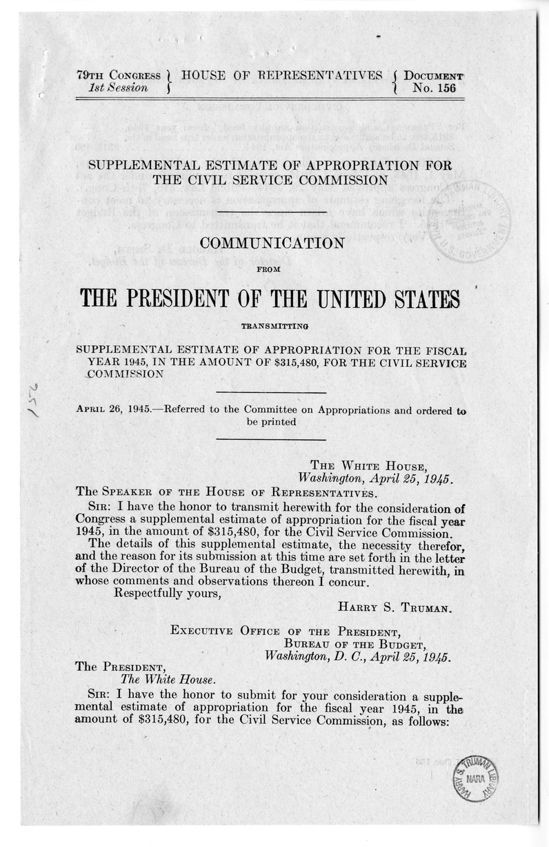 Memorandum from Harold D. Smith to M. C. Latta, H.J. Res. 174, Making Additional Appropriations for the Fiscal Year Ending June 30, 1945, with Attachments