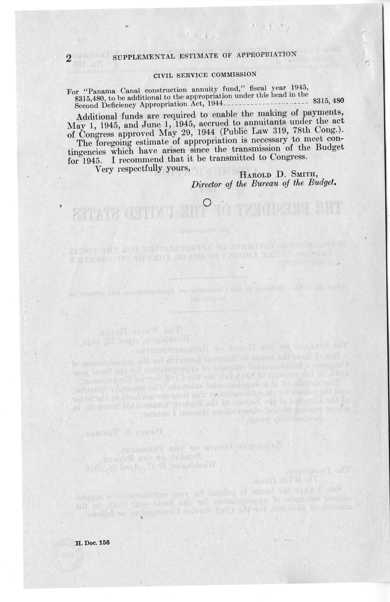 Memorandum from Harold D. Smith to M. C. Latta, H.J. Res. 174, Making Additional Appropriations for the Fiscal Year Ending June 30, 1945, with Attachments
