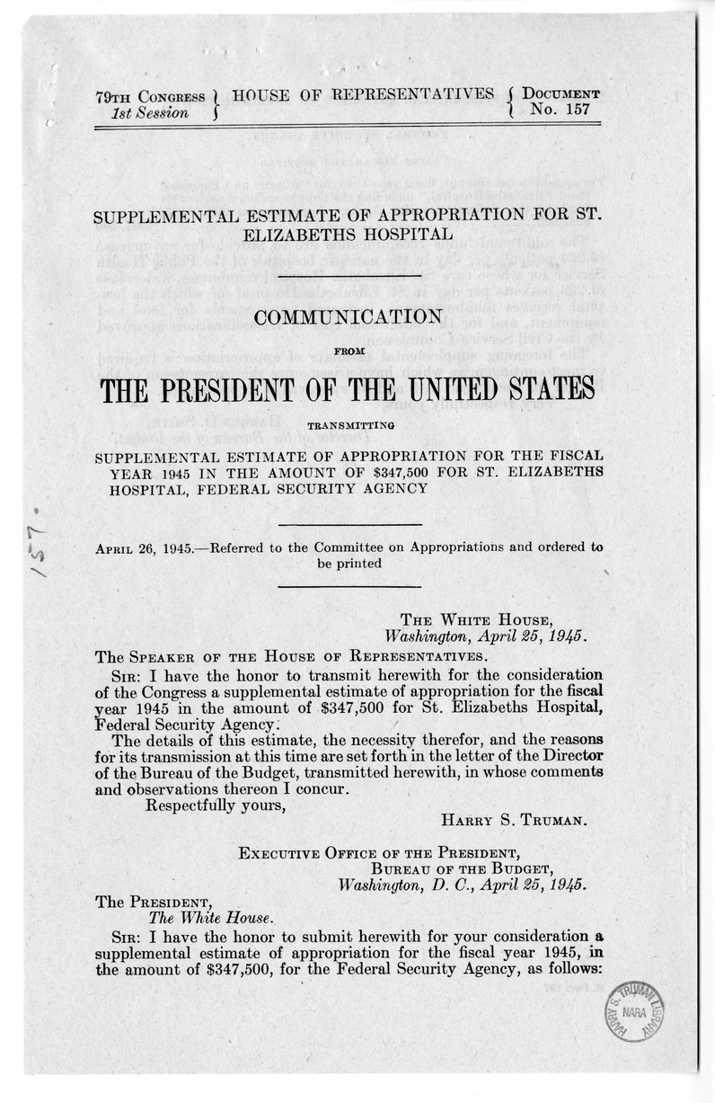 Memorandum from Harold D. Smith to M. C. Latta, H.J. Res. 174, Making Additional Appropriations for the Fiscal Year Ending June 30, 1945, with Attachments