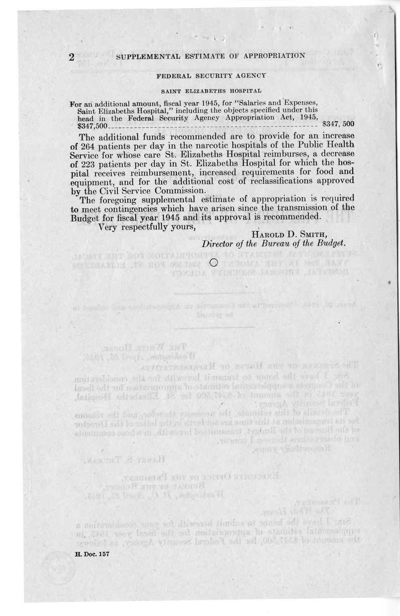 Memorandum from Harold D. Smith to M. C. Latta, H.J. Res. 174, Making Additional Appropriations for the Fiscal Year Ending June 30, 1945, with Attachments