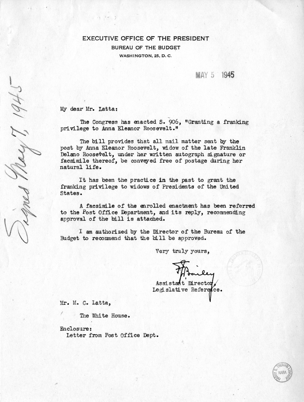 Memorandum from Frederick J. Bailey to M. C. Latta, S. 906, Granting Franking Privilege for Anna Eleanor Roosevelt, with Attachments