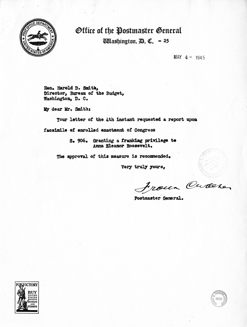 Memorandum from Frederick J. Bailey to M. C. Latta, S. 906, Granting Franking Privilege for Anna Eleanor Roosevelt, with Attachments