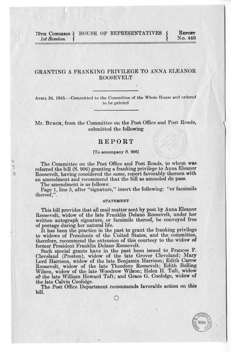 Memorandum from Frederick J. Bailey to M. C. Latta, S. 906, Granting Franking Privilege for Anna Eleanor Roosevelt, with Attachments