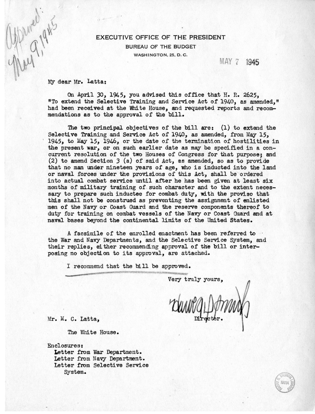 Memorandum from Harold D. Smith to M. C. Latta, H.R. 2625, Extend the Selective Training and Service Act of 1940, with Attachments