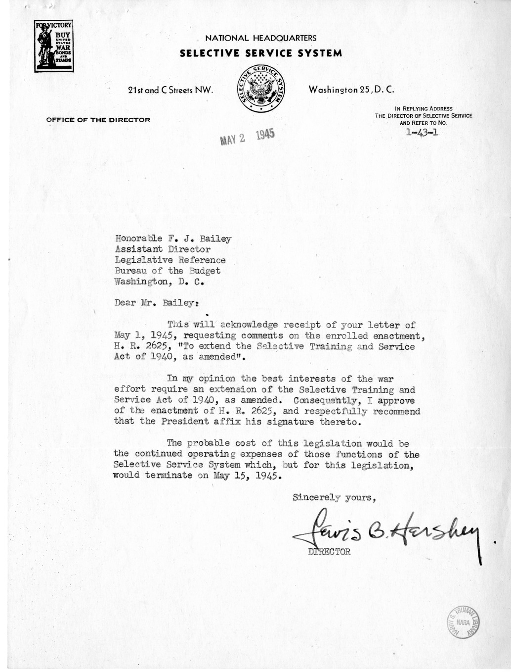 Memorandum from Harold D. Smith to M. C. Latta, H.R. 2625, Extend the Selective Training and Service Act of 1940, with Attachments
