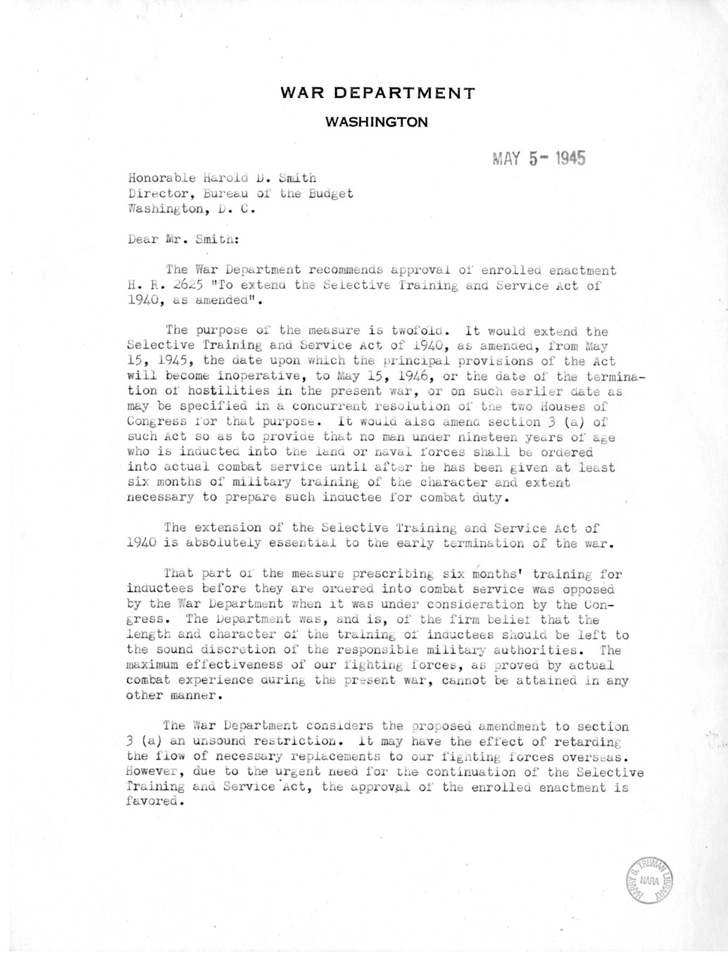 Memorandum from Harold D. Smith to M. C. Latta, H.R. 2625, Extend the Selective Training and Service Act of 1940, with Attachments