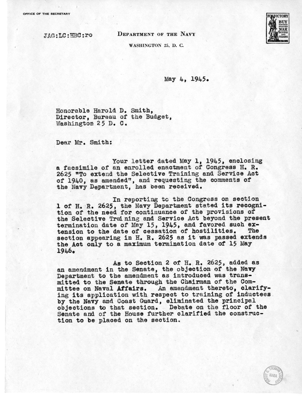 Memorandum from Harold D. Smith to M. C. Latta, H.R. 2625, Extend the Selective Training and Service Act of 1940, with Attachments