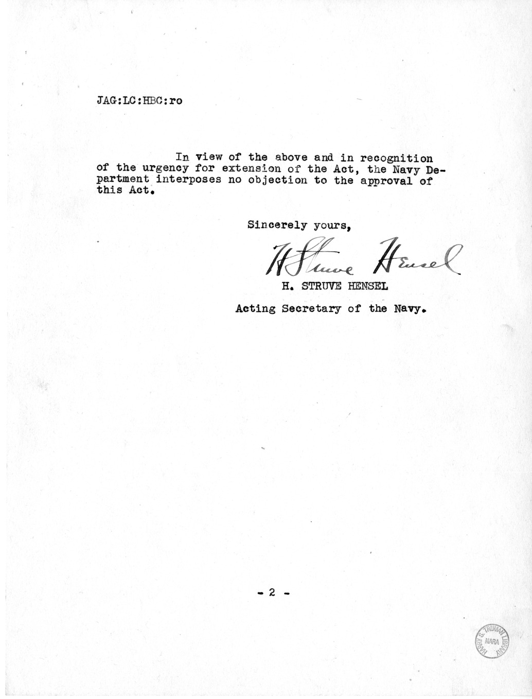 Memorandum from Harold D. Smith to M. C. Latta, H.R. 2625, Extend the Selective Training and Service Act of 1940, with Attachments